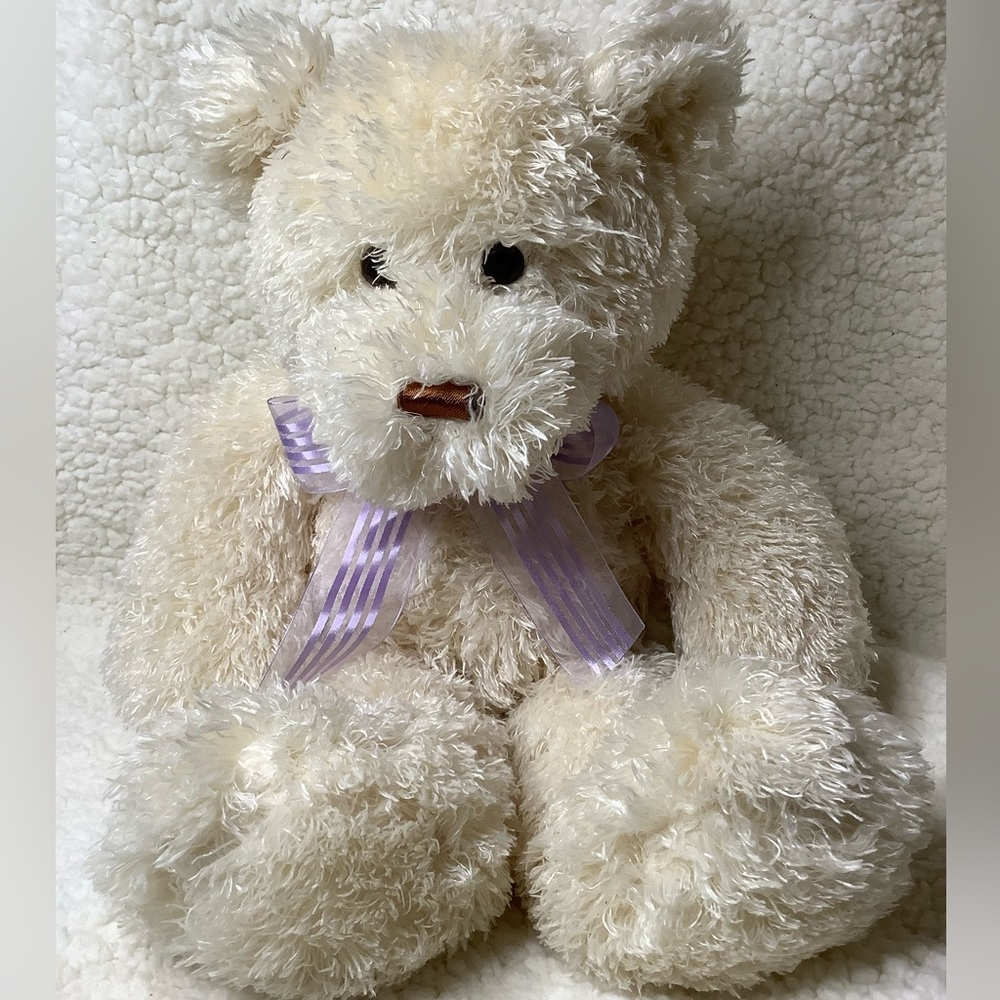 Large Animal Adventure Beige Plush Bear w/ Purple Striped Bow Stuffed Animal